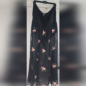 Black Floral Embroidered Maxi Dress with Pink & Cream Accents